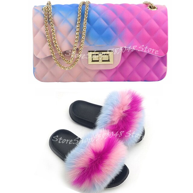 Women Colorful Fox Fur Slippers Fashion Fur Slides Mixed Color Jelly Bag Vogue Shoulder Bags Jelly Purse Ladies Handbag Bags Set