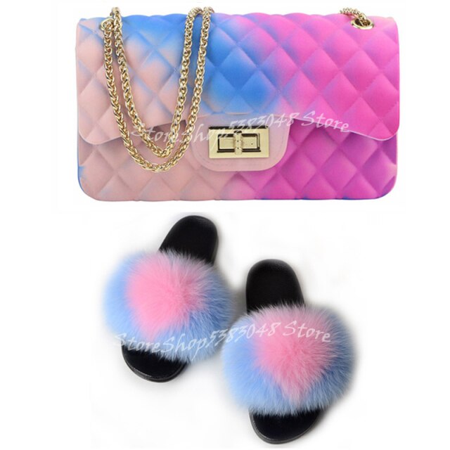 Women Colorful Fox Fur Slippers Fashion Fur Slides Mixed Color Jelly Bag Vogue Shoulder Bags Jelly Purse Ladies Handbag Bags Set