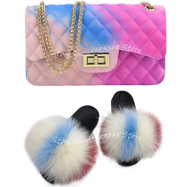 Women Colorful Fox Fur Slippers Fashion Fur Slides Mixed Color Jelly Bag Vogue Shoulder Bags Jelly Purse Ladies Handbag Bags Set