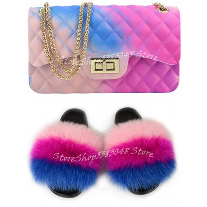 Women Colorful Fox Fur Slippers Fashion Fur Slides Mixed Color Jelly Bag Vogue Shoulder Bags Jelly Purse Ladies Handbag Bags Set