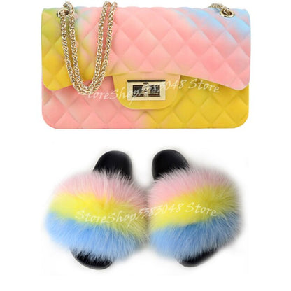 Women Colorful Fox Fur Slippers Fashion Fur Slides Mixed Color Jelly Bag Vogue Shoulder Bags Jelly Purse Ladies Handbag Bags Set