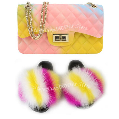 Women Colorful Fox Fur Slippers Fashion Fur Slides Mixed Color Jelly Bag Vogue Shoulder Bags Jelly Purse Ladies Handbag Bags Set