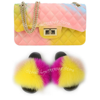 Women Colorful Fox Fur Slippers Fashion Fur Slides Mixed Color Jelly Bag Vogue Shoulder Bags Jelly Purse Ladies Handbag Bags Set