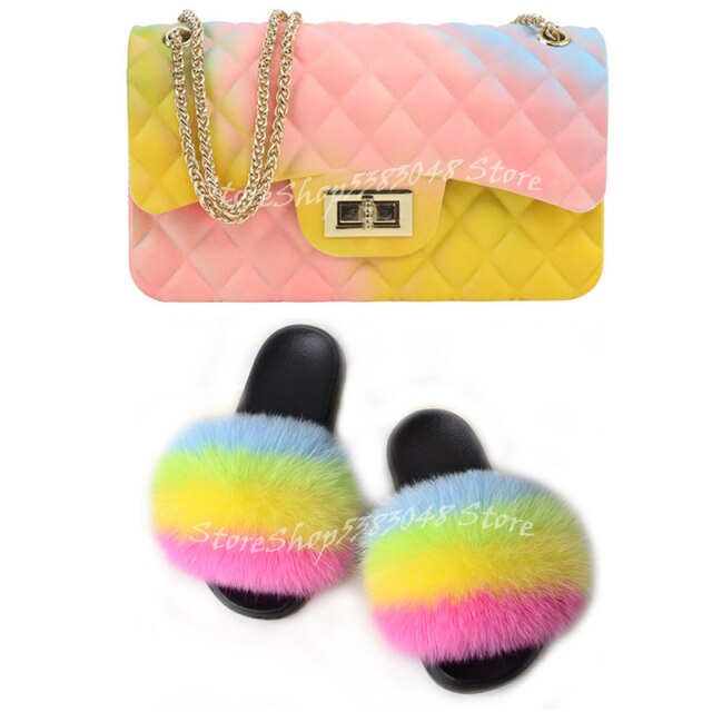 Women Colorful Fox Fur Slippers Fashion Fur Slides Mixed Color Jelly Bag Vogue Shoulder Bags Jelly Purse Ladies Handbag Bags Set