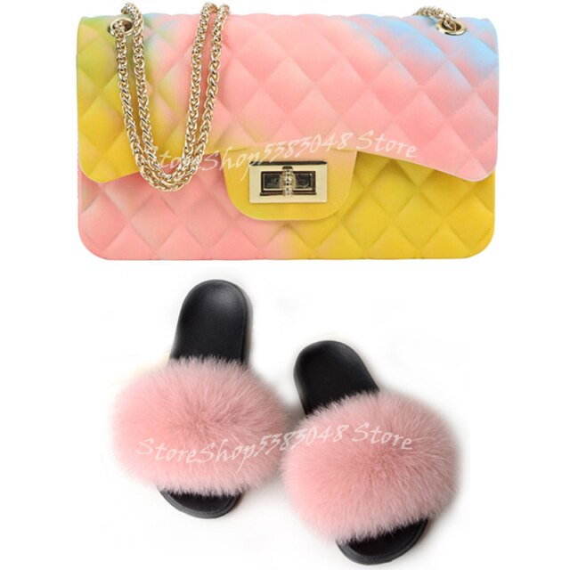 Women Colorful Fox Fur Slippers Fashion Fur Slides Mixed Color Jelly Bag Vogue Shoulder Bags Jelly Purse Ladies Handbag Bags Set