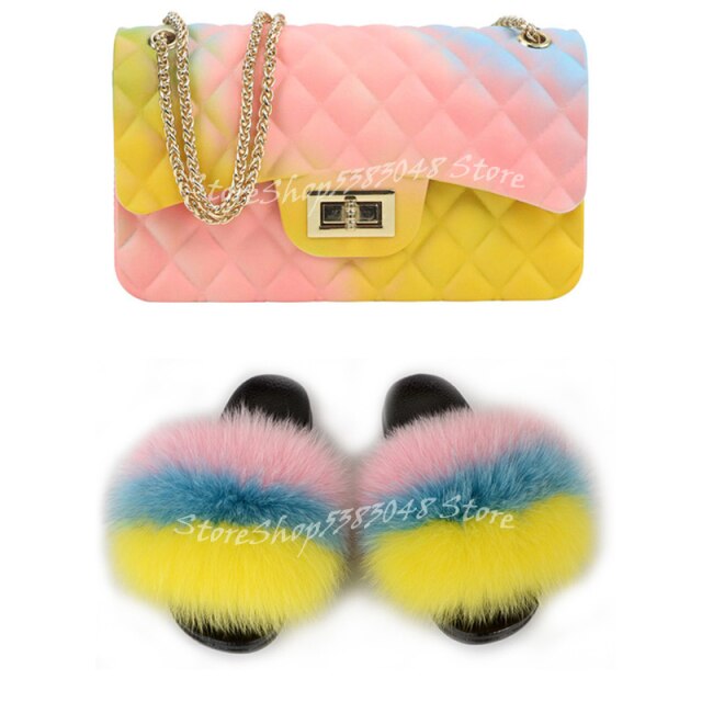 Women Colorful Fox Fur Slippers Fashion Fur Slides Mixed Color Jelly Bag Vogue Shoulder Bags Jelly Purse Ladies Handbag Bags Set