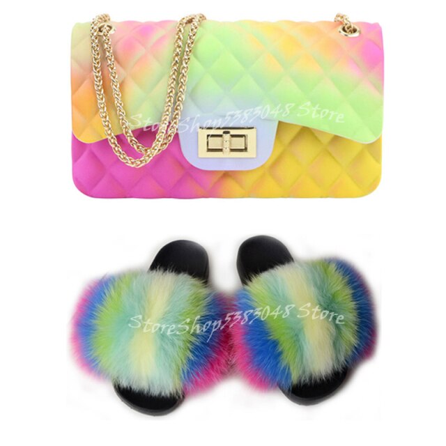 Women Colorful Fox Fur Slippers Fashion Fur Slides Mixed Color Jelly Bag Vogue Shoulder Bags Jelly Purse Ladies Handbag Bags Set