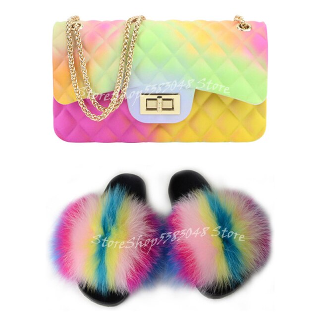 Women Colorful Fox Fur Slippers Fashion Fur Slides Mixed Color Jelly Bag Vogue Shoulder Bags Jelly Purse Ladies Handbag Bags Set