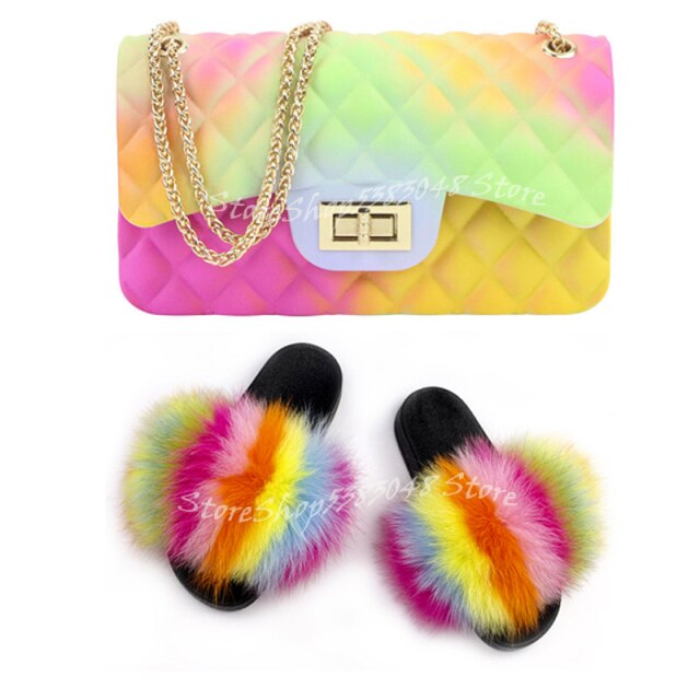 Women Colorful Fox Fur Slippers Fashion Fur Slides Mixed Color Jelly Bag Vogue Shoulder Bags Jelly Purse Ladies Handbag Bags Set