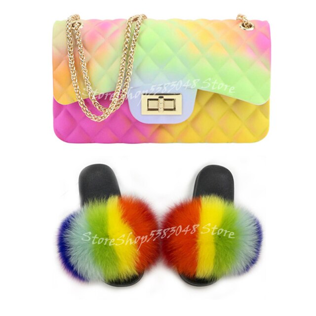 Women Colorful Fox Fur Slippers Fashion Fur Slides Mixed Color Jelly Bag Vogue Shoulder Bags Jelly Purse Ladies Handbag Bags Set