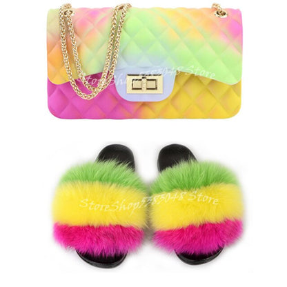 Women Colorful Fox Fur Slippers Fashion Fur Slides Mixed Color Jelly Bag Vogue Shoulder Bags Jelly Purse Ladies Handbag Bags Set