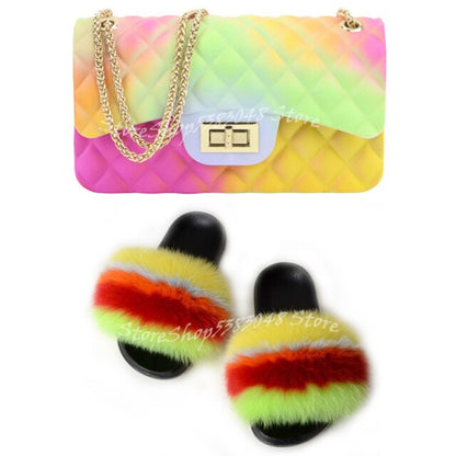 Women Colorful Fox Fur Slippers Fashion Fur Slides Mixed Color Jelly Bag Vogue Shoulder Bags Jelly Purse Ladies Handbag Bags Set