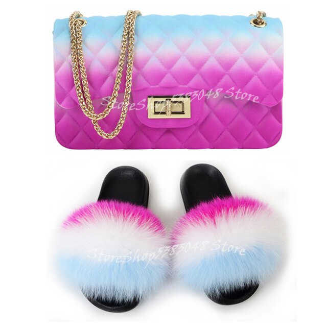 Women Colorful Fox Fur Slippers Fashion Fur Slides Mixed Color Jelly Bag Vogue Shoulder Bags Jelly Purse Ladies Handbag Bags Set