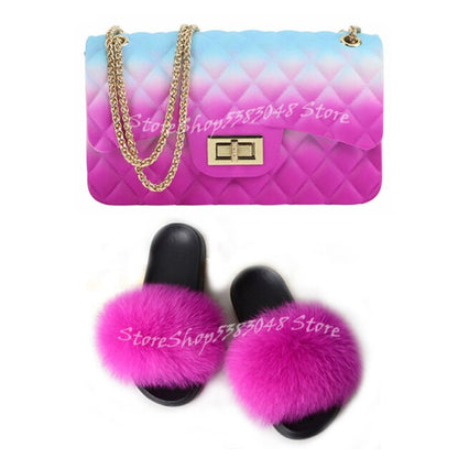 Women Colorful Fox Fur Slippers Fashion Fur Slides Mixed Color Jelly Bag Vogue Shoulder Bags Jelly Purse Ladies Handbag Bags Set