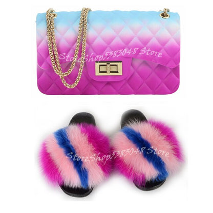 Women Colorful Fox Fur Slippers Fashion Fur Slides Mixed Color Jelly Bag Vogue Shoulder Bags Jelly Purse Ladies Handbag Bags Set