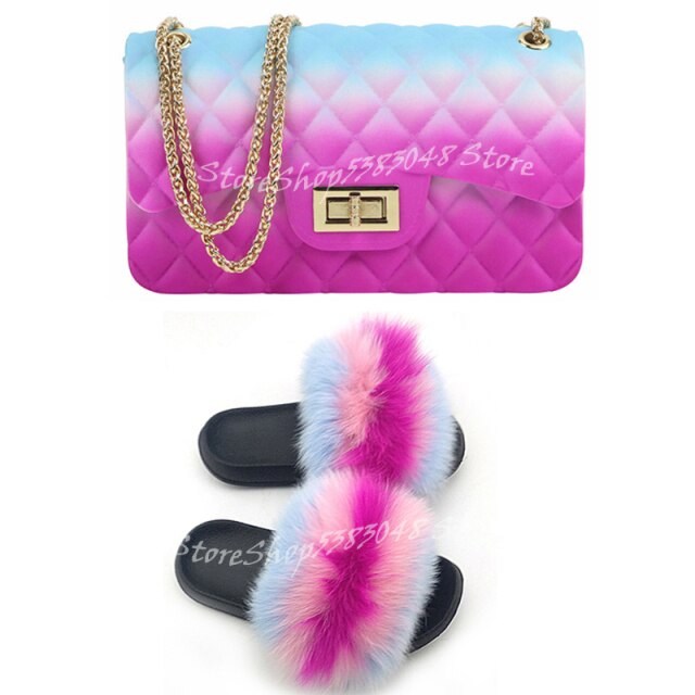 Women Colorful Fox Fur Slippers Fashion Fur Slides Mixed Color Jelly Bag Vogue Shoulder Bags Jelly Purse Ladies Handbag Bags Set