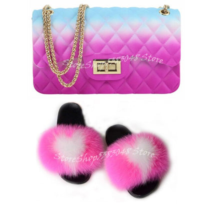 Women Colorful Fox Fur Slippers Fashion Fur Slides Mixed Color Jelly Bag Vogue Shoulder Bags Jelly Purse Ladies Handbag Bags Set