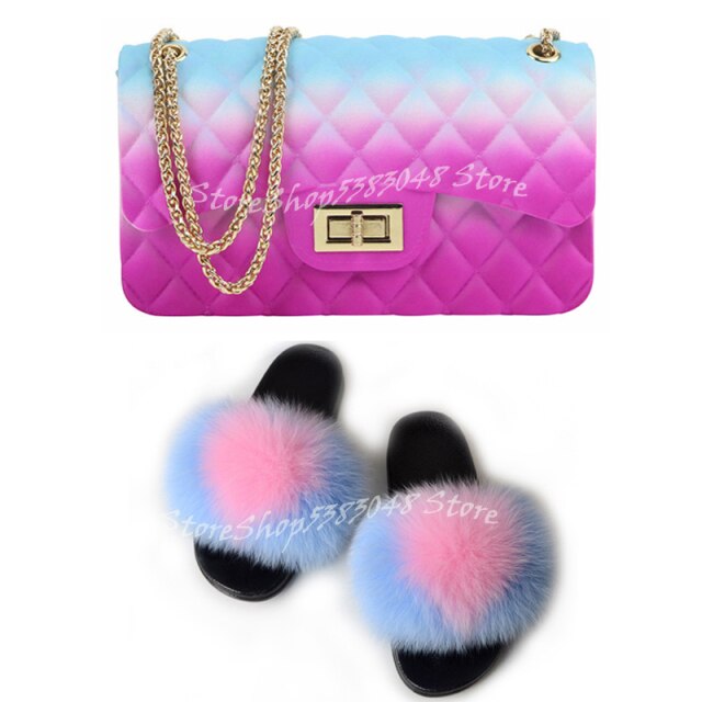 Women Colorful Fox Fur Slippers Fashion Fur Slides Mixed Color Jelly Bag Vogue Shoulder Bags Jelly Purse Ladies Handbag Bags Set