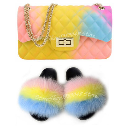 Women Colorful Fox Fur Slippers Fashion Fur Slides Mixed Color Jelly Bag Vogue Shoulder Bags Jelly Purse Ladies Handbag Bags Set