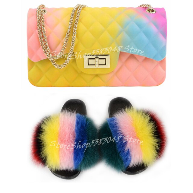 Women Colorful Fox Fur Slippers Fashion Fur Slides Mixed Color Jelly Bag Vogue Shoulder Bags Jelly Purse Ladies Handbag Bags Set