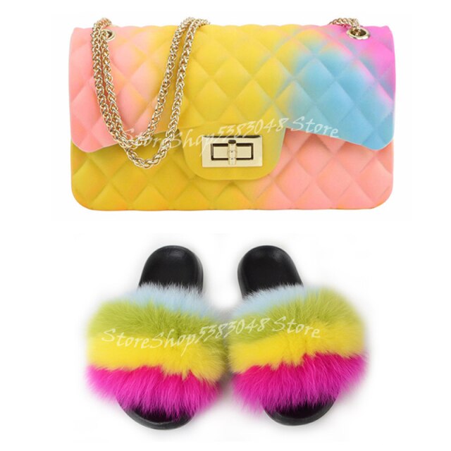 Women Colorful Fox Fur Slippers Fashion Fur Slides Mixed Color Jelly Bag Vogue Shoulder Bags Jelly Purse Ladies Handbag Bags Set