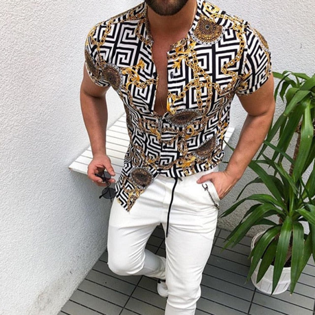 Nation Style Summer Man Shirt 2020 Mens Ethnic Printed Stand Collar Stripe Short Sleeve Loose Hawaiian Henley Casual Shirt 298