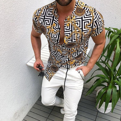 Nation Style Summer Man Shirt 2020 Mens Ethnic Printed Stand Collar Stripe Short Sleeve Loose Hawaiian Henley Casual Shirt 298