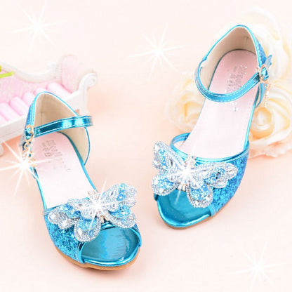 Girls High Heels Summer New Princess Sandals Rhinestone Butterfly Children Performance Shoes Kids Dance Student Show Shoes 26-37