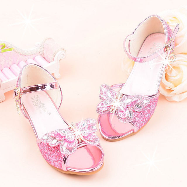 Girls High Heels Summer New Princess Sandals Rhinestone Butterfly Children Performance Shoes Kids Dance Student Show Shoes 26-37