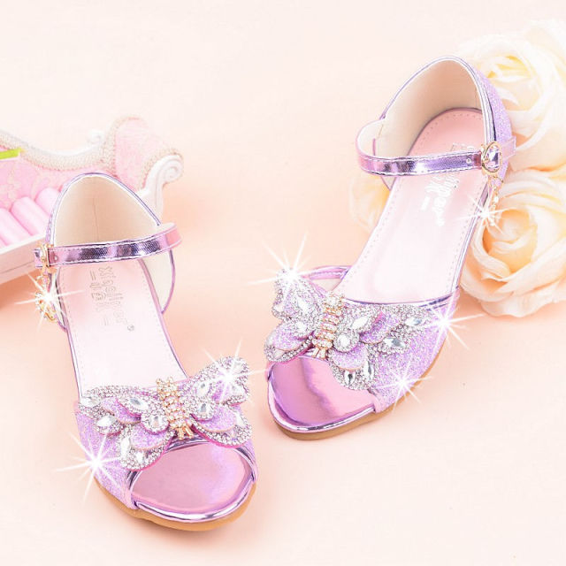 Girls High Heels Summer New Princess Sandals Rhinestone Butterfly Children Performance Shoes Kids Dance Student Show Shoes 26-37