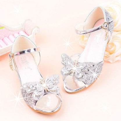 Girls High Heels Summer New Princess Sandals Rhinestone Butterfly Children Performance Shoes Kids Dance Student Show Shoes 26-37