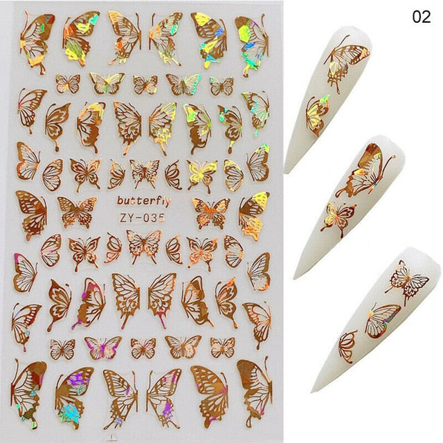 1pc Holographic 3D Butterfly Nail Art Stickers Adhesive Sliders Colorful DIY Golden Nail Transfer Decals Foils Wraps Decorations