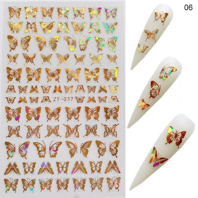 1pc Holographic 3D Butterfly Nail Art Stickers Adhesive Sliders Colorful DIY Golden Nail Transfer Decals Foils Wraps Decorations