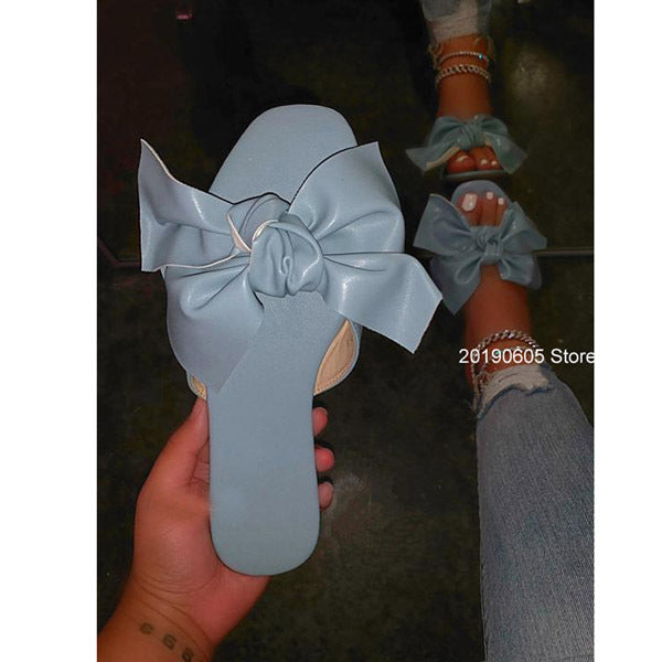 2021 Summer New Women&#39;s Flat Sandals Fashion Open Toe Bow Slippers Outdoor Beach Shoes Solid Color Leisure Plus Size 43