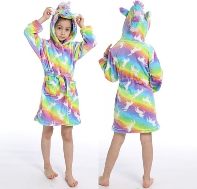 Unicorn Hooded Children Bathrobes Baby Rainbow Bath Robe Animal For Boys Girls Pyjamas Nightgown Kids Sleepwear 3-11Y