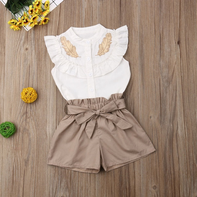 Lovely Kid Baby Girls Feather Clothes Sets Summer Sleeveless Tops Bandage Shorts 2pcs Outfits Fashion Clothing 2-6Years