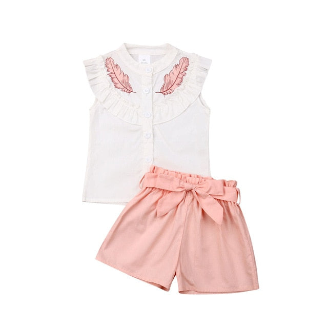 Lovely Kid Baby Girls Feather Clothes Sets Summer Sleeveless Tops Bandage Shorts 2pcs Outfits Fashion Clothing 2-6Years