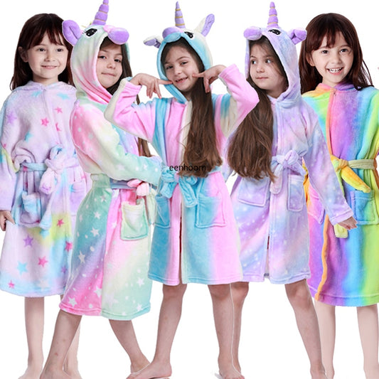 Unicorn Hooded Children Bathrobes Baby Rainbow Bath Robe Animal For Boys Girls Pyjamas Nightgown Kids Sleepwear 3-11Y