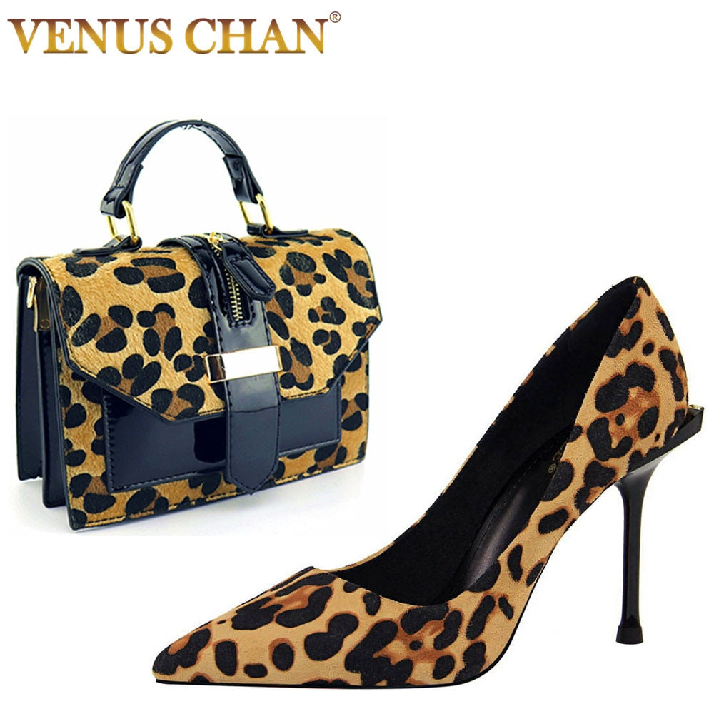 Leopard Fashion Wedding Lady Shoes And Bag Set Latest Mature Style Women Pumps Shoes And Bag To Match Set For Party