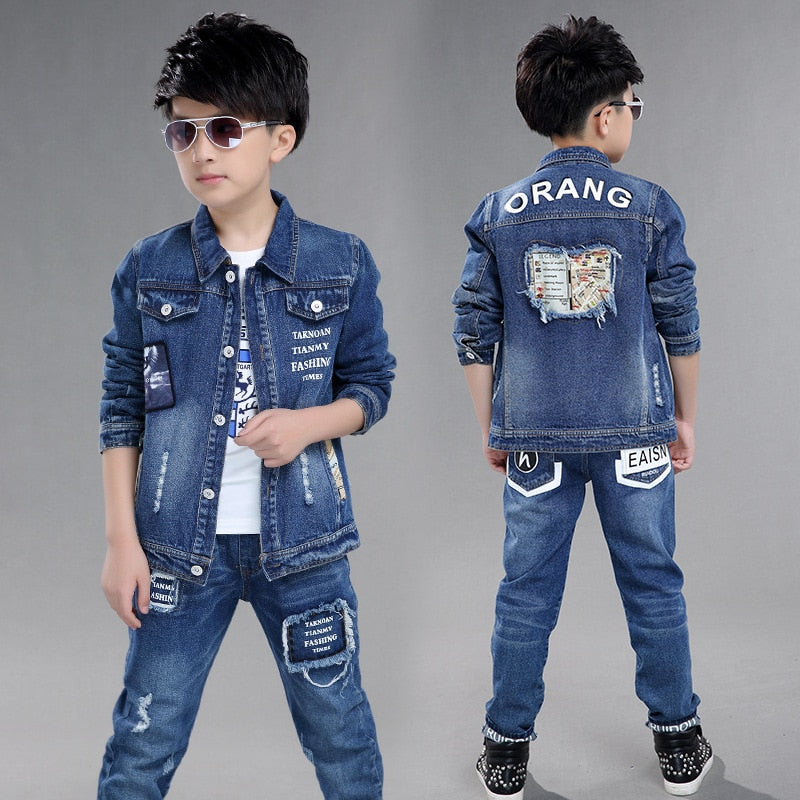 Fashion Teenage Boys Denim Clothes Set Autumn Children Jeans Coat and Pants Autumn Baby Boys Cotton Sport Suits 10 12 Years New