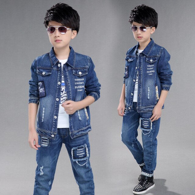 Fashion Teenage Boys Denim Clothes Set Autumn Children Jeans Coat and Pants Autumn Baby Boys Cotton Sport Suits 10 12 Years New