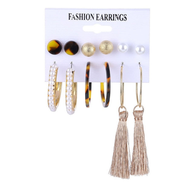 32 styles Hot Sale Trendy Earrings Acrylic Faux Pearl Circle Tassel Earings 6-Piece Set fashion earing for women wholesale