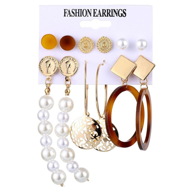 32 styles Hot Sale Trendy Earrings Acrylic Faux Pearl Circle Tassel Earings 6-Piece Set fashion earing for women wholesale