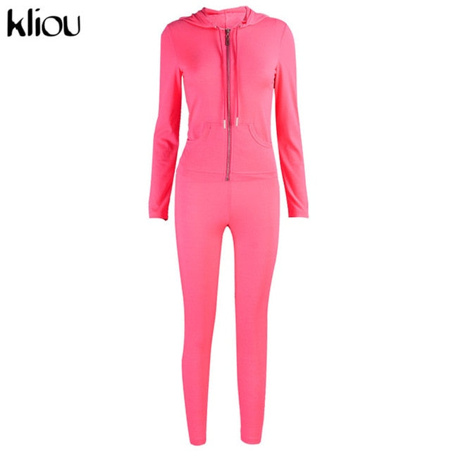 Kliou autumn two piece set women long sleeve hooded zipper pocket sporty Jackets+leggings matching sets workout stretchy outfits