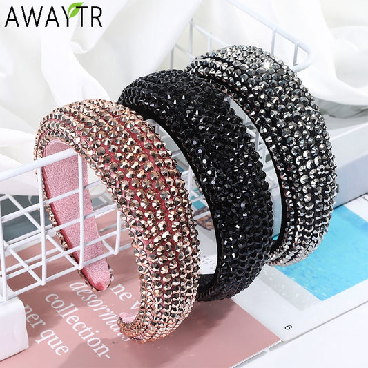 AWAYTR New Rhinestone Full Crystal Headbands for Women Wide Elastic Hairbands Baroque Diamond Tiara Hair Accessories Headdress