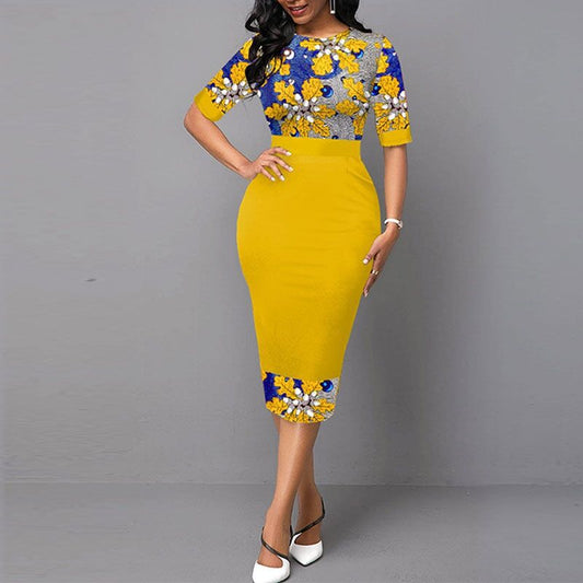 Floral Print Patchwork Yellow Elegant Office Lady Dress For Women 2020 Fashion O Neck Slim Business Formal Dress Party Vestidos