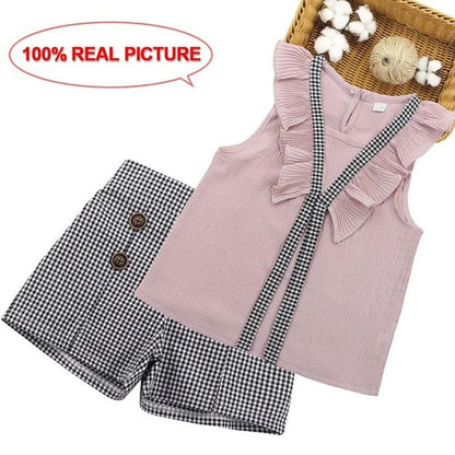 Kids Summer Clothes Girls Patchwork Girls Clothes Set Vest + Short 2PCS Outfits For Girls Casual Style Big Bow Kids Clothing