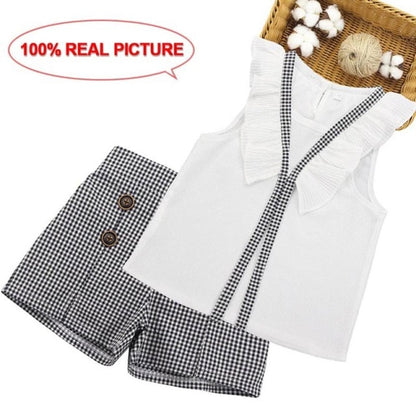 Kids Summer Clothes Girls Patchwork Girls Clothes Set Vest + Short 2PCS Outfits For Girls Casual Style Big Bow Kids Clothing