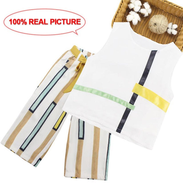 Kids Summer Clothes Girls Patchwork Girls Clothes Set Vest + Short 2PCS Outfits For Girls Casual Style Big Bow Kids Clothing