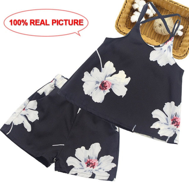 Kids Summer Clothes Girls Patchwork Girls Clothes Set Vest + Short 2PCS Outfits For Girls Casual Style Big Bow Kids Clothing